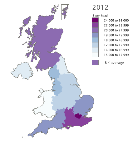Map 1: Regional GVA per head UK map, 2012