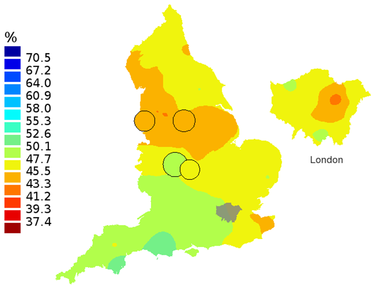 Figure 3A: Smoothed maps of the one-year survival index (%) for all cancers combined in 211 Clinical Commissioning Groups: England, 1997, patients aged 75-99 years