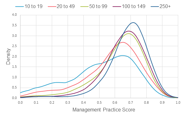 Line chart showing management practice scores in large firms remain higher than in small firms.